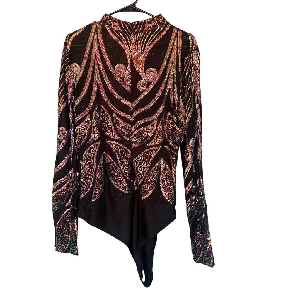 Sequin Butterfly Bodysuit Womens 2X Black Long Sleeve Sheer Rave Festival Plus - Picture 2 of 10